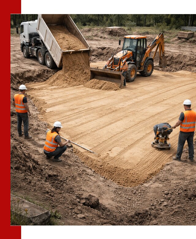 Устройство песчаной подушки для фундаментов и дорог в Костомукше